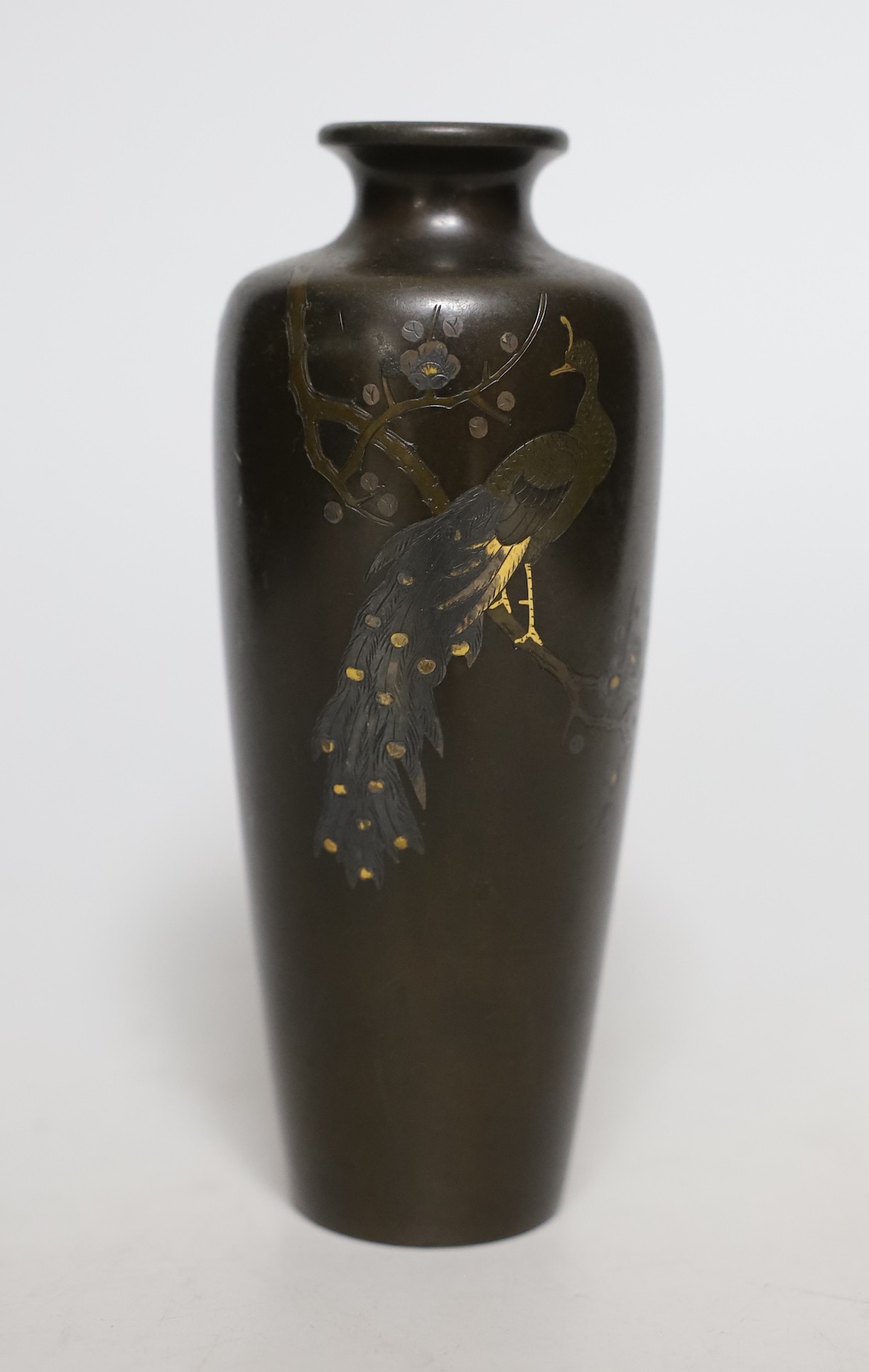 A Japanese bronze vase, inset with a mixed metal pheasant design, 15cm high